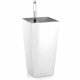 LECHUZA MINI CUBI - Maceta pequeña de plástico con riego automático, sin orificio de drenaje, altura 18 cm, longitud 9 cm, color blanco brillante