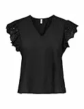 ONLY Onllou Life Emb S/S Frill Top Wvn, Negro, L Mujeres