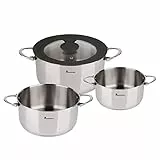 MasterPRO Foodies - Batería de Cocina - Set de 4 Piezas Con Cacerolas de 16, 20 y 24 cm y Tapa de Cristal - Fabricadas en Acero Inoxidable - Compatibles con Todo Tipo de Cocinas
