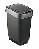 Rotho Twist Cubo de basura de 10 litros con tapa, Plástico (PP) sin BPA, negro/plateado, 10l (24.8 x 18.1 x 33.0 cm)