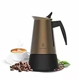 Cecotec Cafetera Italiana Piccolina 600 Gold, Capacidad 300 ml para 6 tazas, Diseño elegante en Acero, Filtro Acero Inoxidable, Apta para todas las superficies, Válvula de seguridad, Cierre silicona