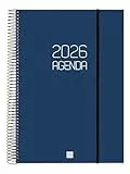 Finocam - Agenda Espiral 2026 1 Día Página | Enero - Diciembre (12 meses) | Agenda A4 Anual 2026 con goma | Tapa de polipropileno Espiral Opaque - Azul - Español