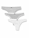 Iris & Lilly Ropa Interior Estilo Tanga de Tira en Algodón Mujer, Pack de 3, Gris Mezcla/Blanco/Negro, Puntos Y Rayas, 38