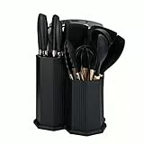 Juego de utensilios de cocina de 19 piezas con cuchillos tabla de cortar y caja de almacenamiento en forma de diamante – utensilios de silicona resistentes al calor negro