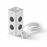 Ewent Regleta Vertical Enchufes 12 en 1 (3680W/16A), Torre Regletas Enchufes 2 USB-C y 2 USB + 8 Tomas con interruptores, Proteccion Sobretension, Cable 2M, para Hogar y Oficina, Blanco/Gris