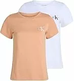 Calvin Klein Camisetas de Manga Corta Mujer Pack de 2 Monologo tee Slim Fit, Multicolor (Dusty Coral/Brilliant White), M