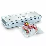 FoodSaver Envasadora al vacío de alimentos compacta | Sistema de conservación con accesorio sellador manual | incluye 1 rollo y 4 bolsas | Acero inoxidable con detalles blancos [VS0100X]