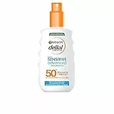 Garnier Delial Sensitive Advanced Spray Protector Solar para pieles claras, sensibles e intolerantes al sol. FPS 50+. Resistente al agua. 0% graso, 0% pegajoso. 200 ml