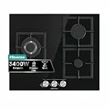 Hisense GG633B - Placa de Gas Natural, 3 Zonas, 60 cm, Parrilla de Hierro Fundido y Cristal Templado Negro, Autoencendido Integrado en los mandos, Seguridad GasStop, Fácil limpieza