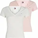 Tommy Jeans Camisetas de Manga Corta Mujer Pack de 2 con Cuello de Pico, Multicolor (Ecru/Precious Pink), M