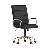 Flash Furniture Silla de Escritorio Whitney con Respaldo Medio, Silla de Oficina ejecutiva giratoria Negra Suave con Marco Dorado, sillón Giratorio