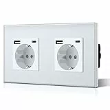 BSEED Enchufe de Pared 2 Enchufes Estándar Schuko con 2.1A USB Mejorado Conector de Carga y Enchufe Tipo C con Panel de Cristal Fácil Instalación 157mm Blanco