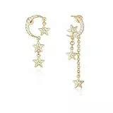 MESOVOR Pendientes Colgantes Luna Estrella, Borla Colgante Chapada en Oro de 16 Quilates | Pendientes Asimétricos de Circonita Brillante para Mujeres y Niñas (Oro)