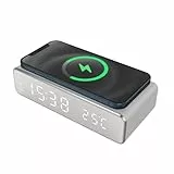 Reloj Despertador Digital con Carga Inalámbrica – Pantalla LED Regulable, Luz Nocturna, Alarma y Temporizador – Compatible con iPhone, Samsung, Xiaomi, OPPO – Diseño Moderno, Color Plateado
