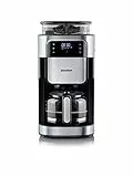 SEVERIN - Cafetera de goteo con molinillo hasta 10 tazas, Cafetera de filtro / Cafetera americana con jarra de cristal de 1l, con pantalla LED con temporizador, Acero inoxidable / Negro, KA 4813