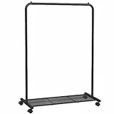 SONGMICS Perchero Burro, Burro de Ropa con Ruedas, Perchero de Metal, Barra Colgante de 91 cm de Ancho, con Estante, 2 Ruedas Bloqueables, Barra Superior Soporta hasta 40 kg, Negro HSR25BK