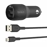 Belkin Boost Charge - Cargador para coche con dos puertos USB, 24 W con cable micro-USB de batería externa y Kindle