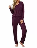 Uniexcosm Pijamas de Mujer Largo Invierno Pijama para Mujer Algodón Conjunto de 2 Piezas Manga Larga en Cuello en V Top y Pantalones Morado Oscuro M