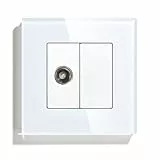 BSEED Enchufe de pared estándar de la UE 1/2 antena de TV coaxial y panel 1/2 en blanco con marco de cristal, color blanco, 86 mm