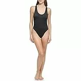 Calvin Klein Traje de baño clásico de una pieza sobre el hombro para mujer, Canalé sedoso negro, XL