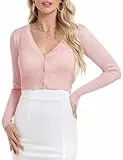 Irevial Cardigan Mujer Corto, Chaqueta Punto Frontal Abierto, Jersey de Punto Elástico, Chaqueta de Punto Mujer Ligero con Cuello de Pico para Primavera Otoño, Básico y Elegante, Rosa Claro L