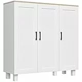 HOMCOM Armario de Salón Moderno Armario de Almacenaje con 3 Puertas Estantes Ajustables y Base Elevada para Cocina Comedor Pasillo Dormitorio Dispositivo Antivuelco 90x30x90 cm Blanco