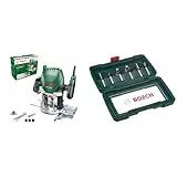 Bosch POF 1200 AE - Fresadora de superficie, fresa de ranurar, adaptador de aspirar, llave de boca,casquillo copiador, tope paralelo + Bosch 2607019463 - Set con 6 fresas con inserción de 8 mm