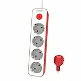 Philips CHP2145R - Regleta de 4 Enchufes, Bloqueo Alimentación, 1.500W, Cable Alimentación Trenzado 1.5 Metros Alta Resistencia, Cierre Seguridad (Indicador LED Prot) - Color Blanco/Rojo