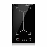 Placa de inducción con zonas flexibles, AMZCHEF placa induccion doble con 9 niveles de potencia, calentamiento intermitente, panel de control de moda, cerradura de seguridad, 3300W, negro