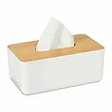 Relaxdays Caja para pañuelos, Tapa de bambú, para el baño, Moderno, Plástico, 10 x 23 x 13 cm, 1 Ud, Blanco & Marrón