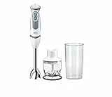 Braun Hogar Batidora de mano, 21 velocidades y función turbo, anti-salpicaduras, Powerbell Plus, 2 accesorios (mini-picadora 350 ml, vaso medidor 600 ml), Blanco, 1000 W