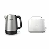 Philips Daily HD9350/90 Hervidor de Agua, 2200 W, 1.7 Litros, Inox + Daily HD2581/00 -Tostador 830 W, Doble Ranura, Color Blanco