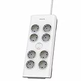 Philips SPN7080WA/10 - Regleta de 8 Enchufes Schuko, Enchufe Múltiple, Ladrón Alargador, Protección Infantil Sobretensión, Interruptor Encendido/Apagado, Cable 2 Metros - Color Blanco