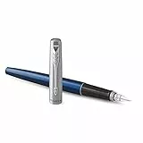 Parker Jotter pluma estilográfica, de color azul real y tinta azul, con cuerpo de metal y plumín mediano, en estuche de regalo