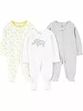 Simple Joys by Carter's Pelele de algodón con pies Bebé Niña, Pack de 3, Blanco Elefante/Gris Claro Mini Rayas/Jirafa, 0-3 meses