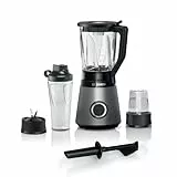 Bosch Batidora VitaPower Serie 4 MMB6177S, cuchillas de acero inoxidable fabricadas en Alemania, recipiente de cristal ThermoSafe de 1,5 l, botella de 0,6 l, trituradora universal, 30.000 rpm, 1200 W,