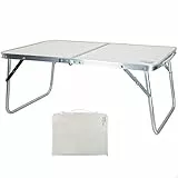 AKTIVE Mesa playa plegable, Mesa baja playa, 60x40x25 cm, color crema, estructura de metal, tablero de madera, mesa plegable camping pequeña, cierre de seguridad (52812)