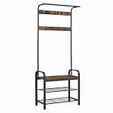 VASAGLE Perchero Zapatero, Perchero con Banco Recibidor, 4 en 1, 9 Ganchos Extraíbles, Barra Superior, para Entrada Pasillo, 33,7 x 72 x 183 cm, Industrial, Marrón Rústico y Negro HSR40B