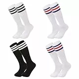 TRKETK 4 Pares Niños Calcetines de Fútbol, Calcetines de Entrenamiento para Correr Calcetines Atléticos a Rayas Hasta la Rodilla Calcetines de Algodón a Rayas para Niños Niñas Niñas de 3 a 9 Años