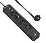 JSVER Regleta con Protección Sobretensión - 4 Tomas de Corriente y 4 Puertos USB (5V3,4A) - Estación de Carga Inteligente - Cable 2m - Negro