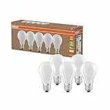 OSRAM Lámparas LED de alta eficiencia con clase de eficiencia energética A, Paquete de 5 bombillas, reemplaza de 60W, blanco cálido (2700K), E27, vidrio mate