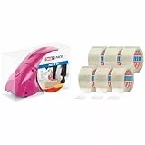 tesa tesapack dispensador Pack' n' Go - Dispensador manual rosa para cinta de paquetería - Incluye cinta de 50 m x 48 mm + tesapack 64014 en un paquete de 6 rollos de 66 m cada uno
