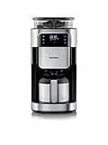 SEVERIN - Cafetera de goteo con molinillo hasta 10 tazas, Cafetera de filtro / Cafetera americana con jarra de cristal de 1l, con pantalla LED con temporizador, Acero inoxidable / Negro, KA 4814