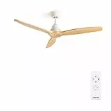 CREATE / WINDWOOD/Ventilador techo blanco aspas madera natural con mando / 75W, Silencioso, Ø132 cm, 3 velocidades, temporizador, 2 alturas