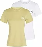 Calvin Klein Camisetas de Manga Corta Mujer Pack de 2 Monologo tee Slim Fit, Multicolor (Muted Lime/Brilliant White), XXS