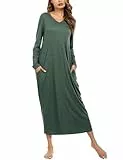 Sykooria Camisón Mujer Algodon Camisónes Largo Ropa de Dormir Ropa de Salón Casual Camisón Holgado con Bolsillos(Verde Oscuro,L)