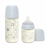 Suavinex, Pack Biberones de Vidrio, Biberones Anticolicos con Tetina Fisiológica SX Pro de Silicona, Biberón 120 ml de Flujo Lento (S) + Biberón 240 ml de Flujo Medio (M), +0 Meses, Wonderland Azul