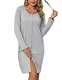 Litherday Camisón Mujer Manga Larga Algodón con Botones Cuello Redondo Bata de Dormir Pijama Invierno Premamá Lactancia Suave y Cómodo