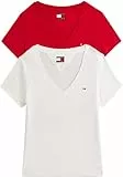 Tommy Jeans Camisetas de Manga Corta Pack de 2 Mujer con Cuello de Pico, Multicolor (Ecru/Sapphire Red), L