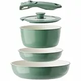 Redchef Juego de sartenes de cerámica con mango extraíble, olla de cerámica no tóxica, juego de utensilios de cocina para camping, sin PTFE, libre de PFAS, libre de PFOA, ahorra espacio, apto para